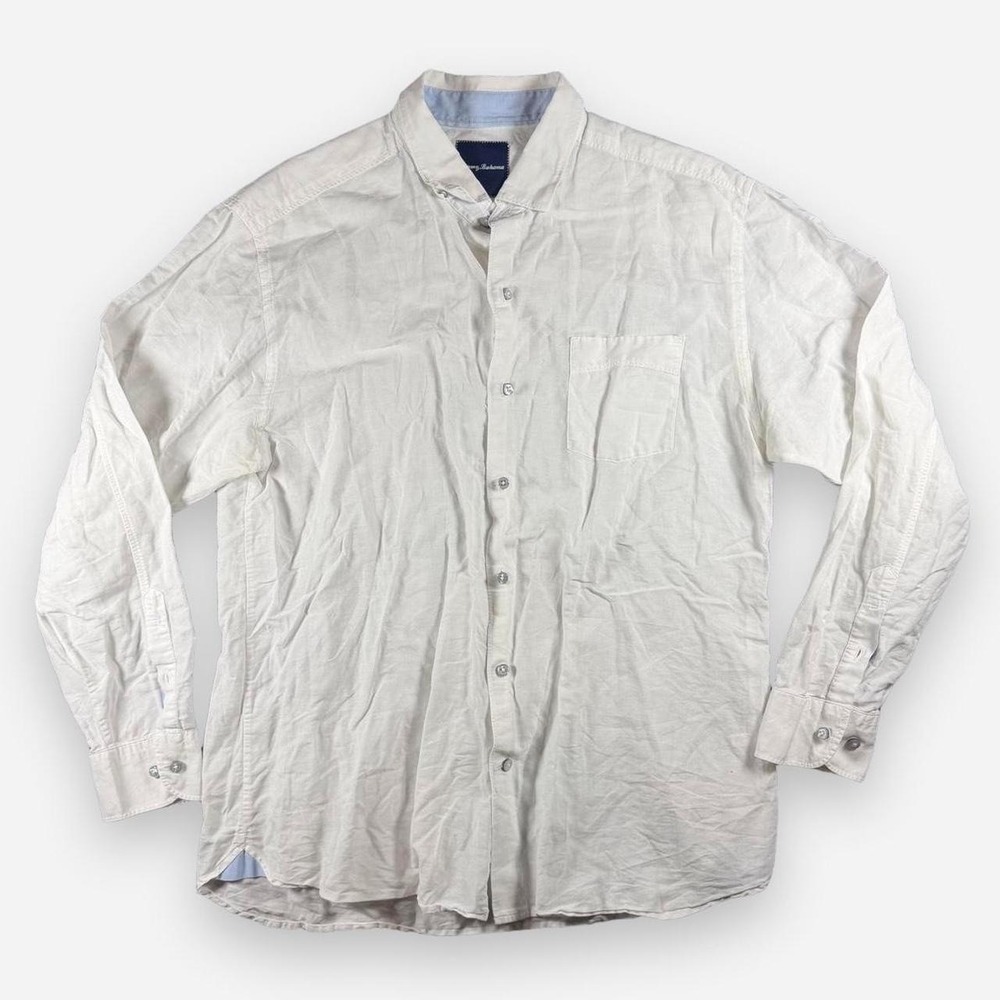 Tommy Bahama White Linen Blend Long Sleeve Button Up Shirt Size L Lightweight